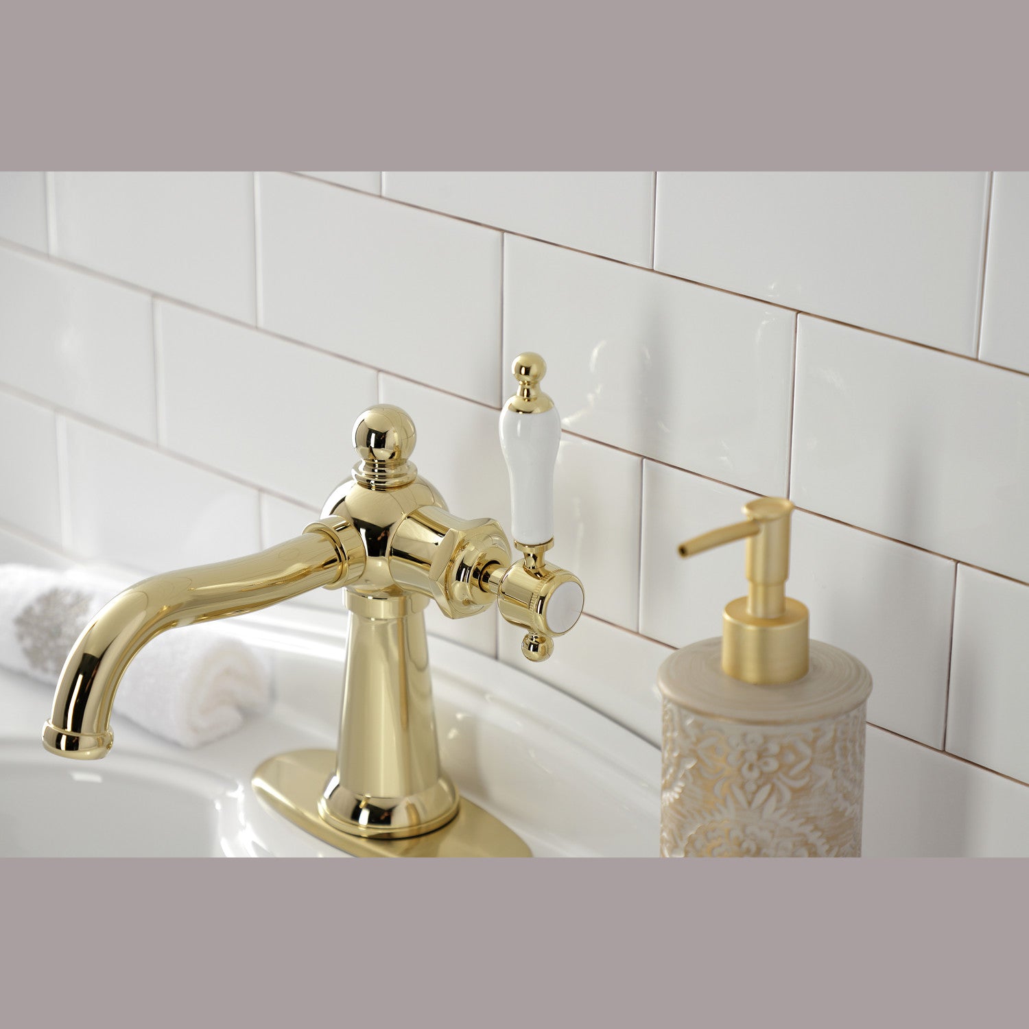 Kingston Heirloom KSD154KLPB - Nautical One-Handle 1-Hole Bathroom Faucet with Deck Plate and Push Pop-Up Drain, Polished Brass — thumbnail 2